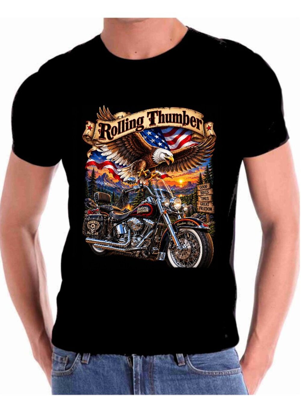 Motorcycle Art Rolling Thunder T shirt Eagle Flag Accent Art 100% U.S. cotton.